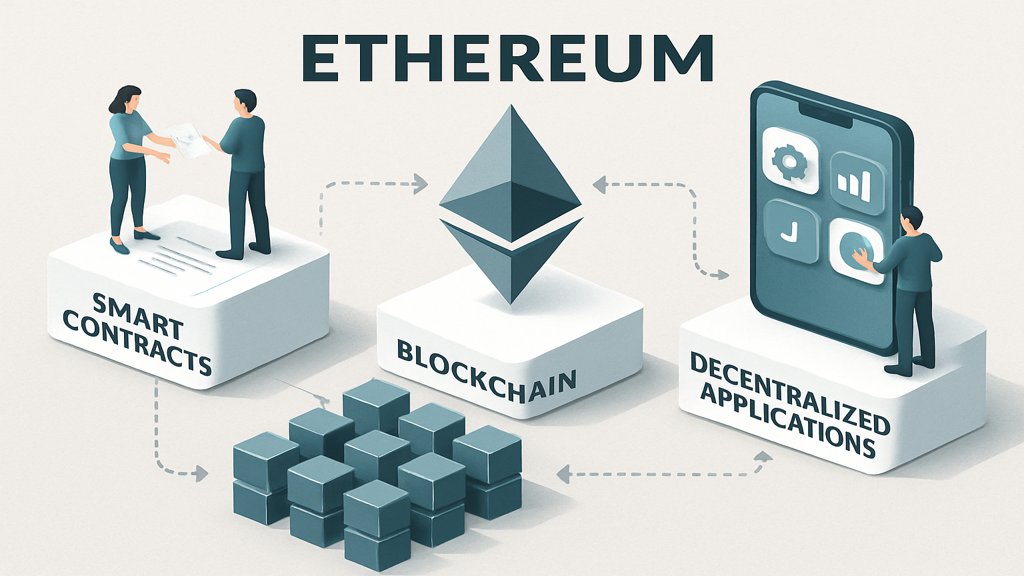 Infografik zur Funktionsweise von Ethereum mit Smart Contracts und Blockchain.