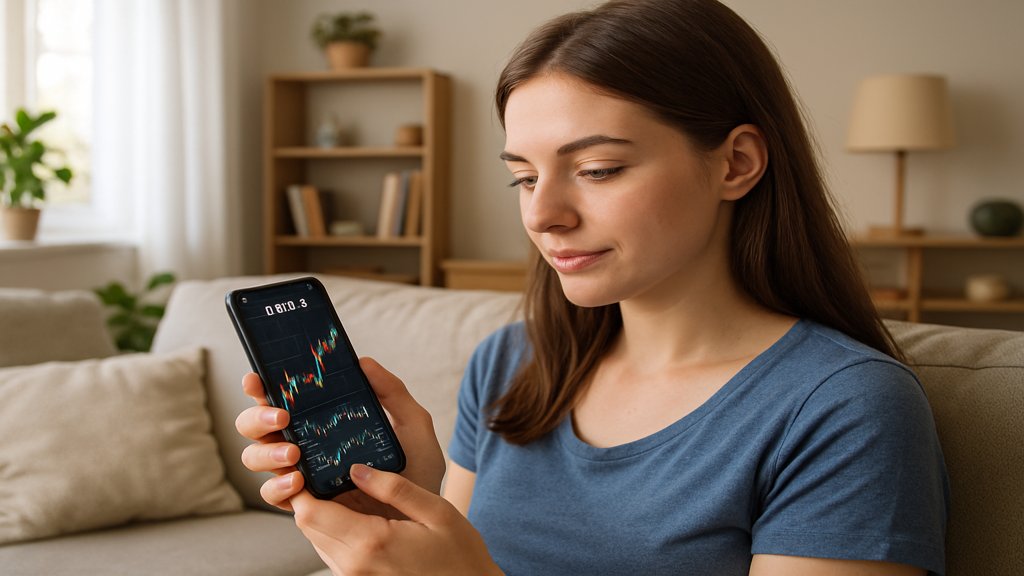 Junge Frau nutzt eine Trading-App auf ihrem Smartphone.