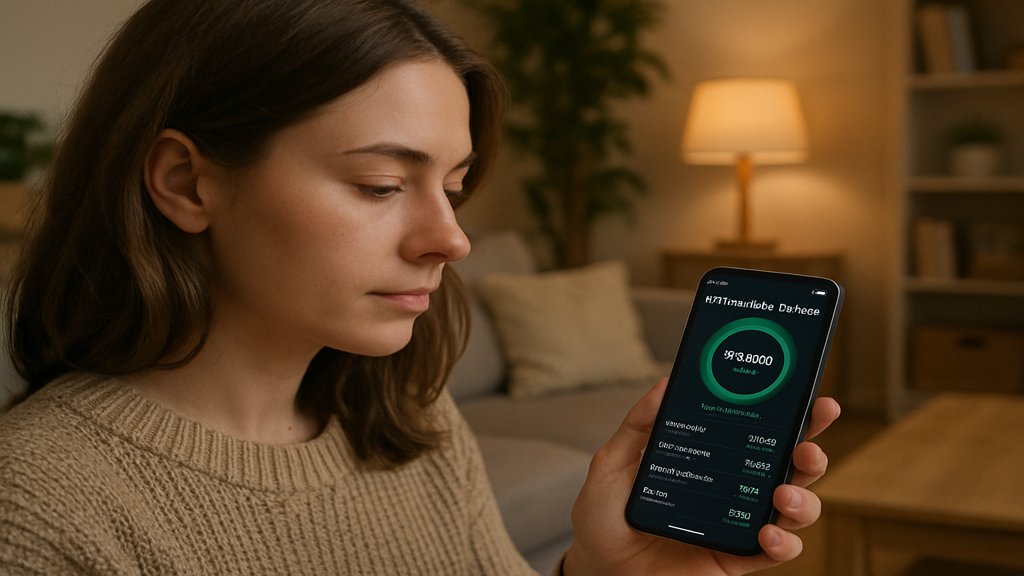 Junge Frau überprüft ihr ETF-Portfolio auf dem Smartphone.