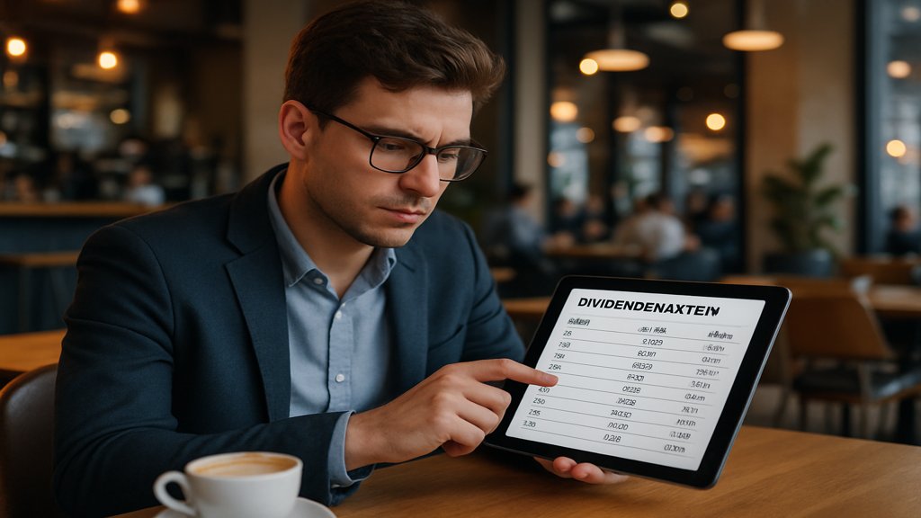 Junger Investor analysiert Dividendenaktien auf Tablet in Café.