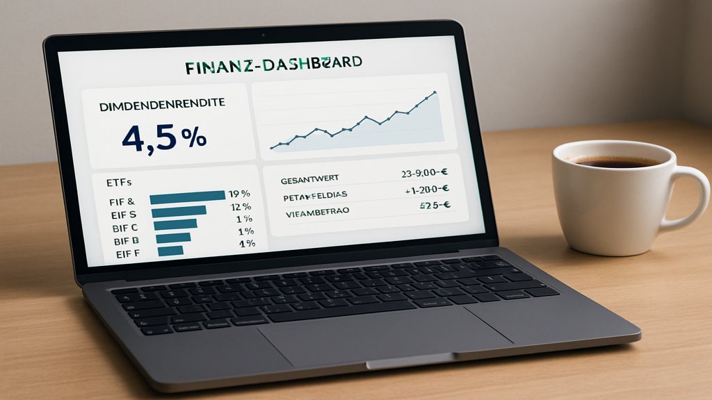 Laptop mit Finanz-Dashboard, das Dividendenrenditen und ETFs zeigt.