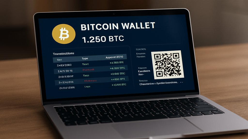 Laptop mit geöffneter Bitcoin Wallet Software und Transaktionsdetails.