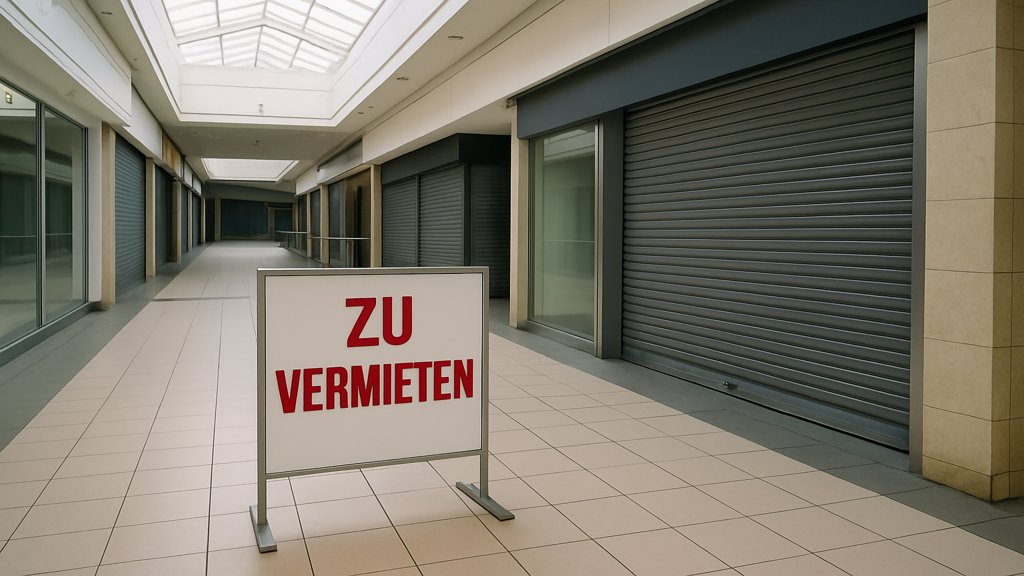 Leeres Einkaufszentrum mit geschlossenen Geschäften und einem 'Zu vermieten'-Schild.
