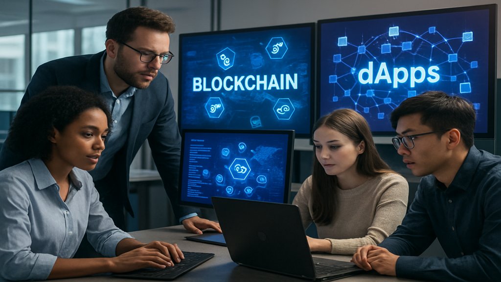 Menschen arbeiten an dApps in einer futuristischen Umgebung.