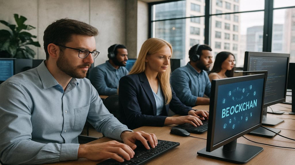 Menschen arbeiten gemeinsam an Blockchain-Technologie.