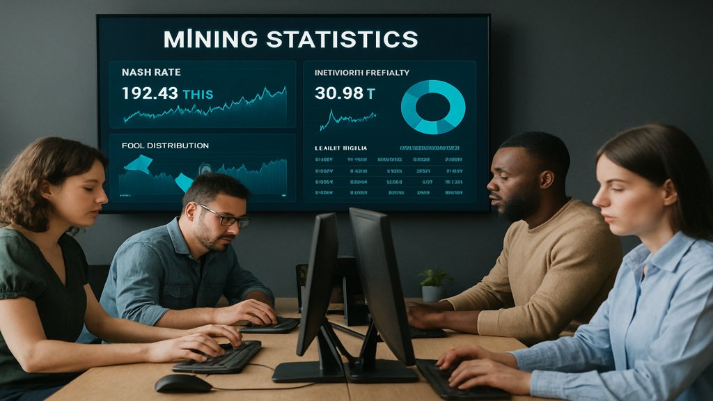 Menschen arbeiten gemeinsam an Computern in einem Mining Pool.