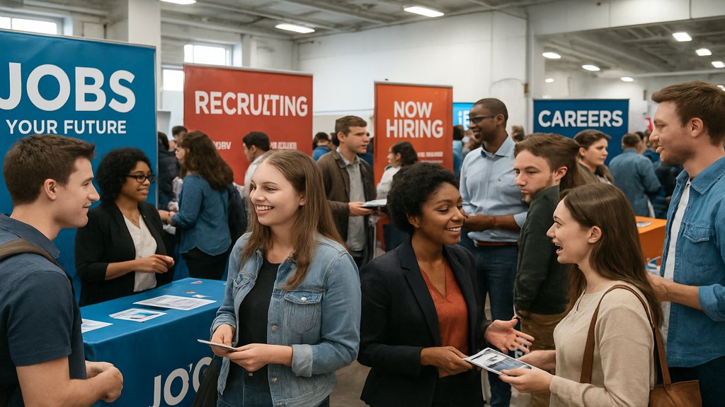 Menschen auf einer Jobmesse, die sich über Arbeitsmöglichkeiten informieren.