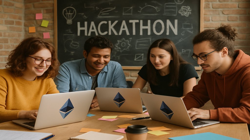 Menschen bei einem Hackathon mit Ethereum-Logos auf ihren Laptops.