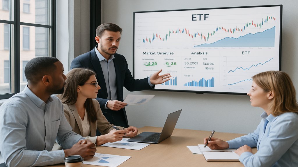 Menschen, die in einem Büro über ETFs und Finanzstrategien diskutieren.