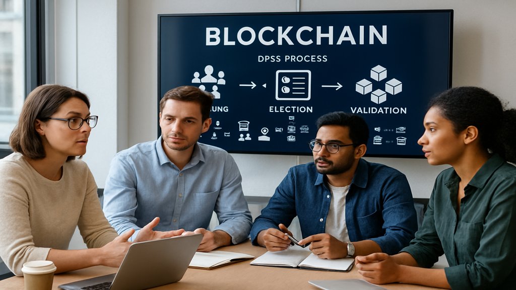 Menschen diskutieren über Delegated Proof of Stake in einem Büro.