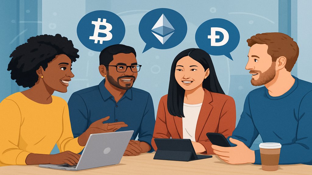 Menschen diskutieren über digitale Währungen in einem modernen Umfeld.