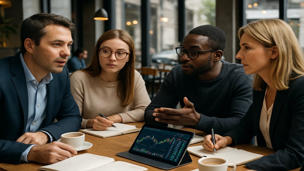 Menschen diskutieren über Finanzthemen in einem Café.