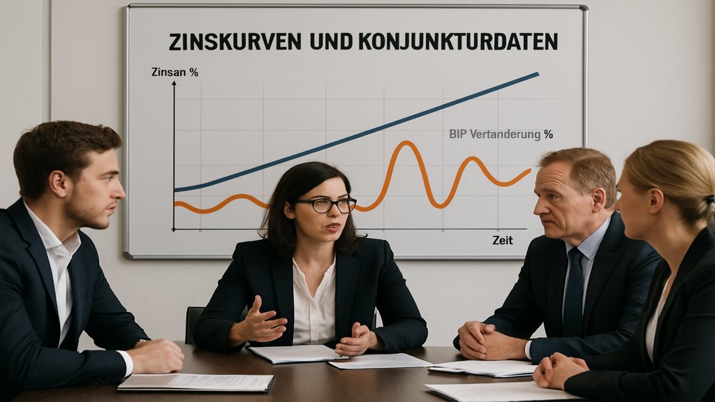 Menschen diskutieren über Zinskurven und Konjunkturdaten in einem modernen Konferenzraum.