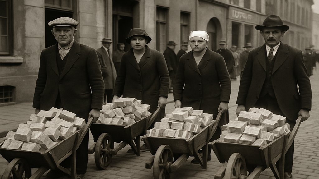 Menschen in den 1920er Jahren in Deutschland mit Schubkarren voller Geldscheine während der Hyperinflation.