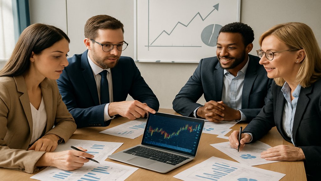 Menschen in einem Besprechungsraum planen eine Finanzstrategie mit Dokumenten und Börsengrafiken.