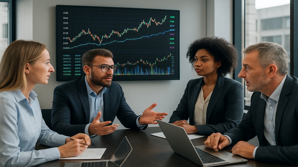 Menschen in einem Büro diskutieren Aktienkurse vor einem Bildschirm mit Börsendaten.