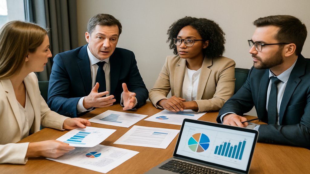 Menschen in einem Konferenzraum diskutieren über Finanzstrategien, darunter die Core Satellite Strategie.