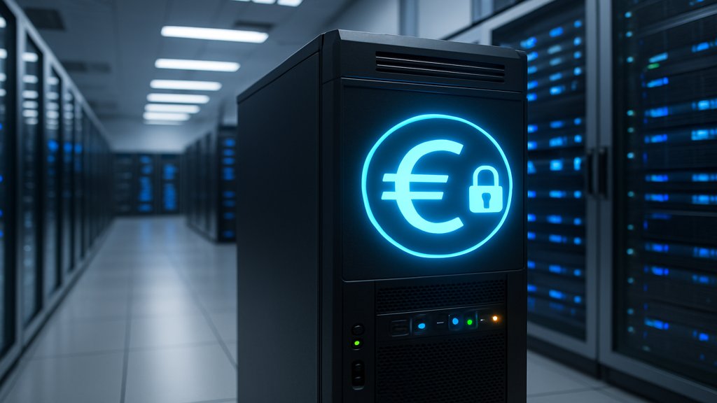 Moderner Server mit digitalem Euro-Symbol und Datenschutz-Schloss.