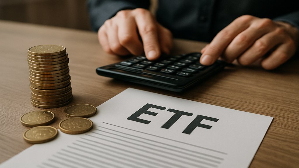 Münzen und ETF-Dokument mit einer Person, die einen Taschenrechner benutzt.