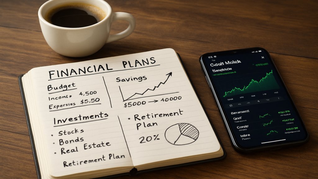 Notizbuch mit Finanzplänen neben Smartphone mit Börsen-App.