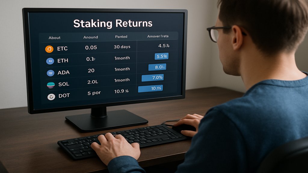 Person am Computer mit Staking-Renditen auf dem Bildschirm.