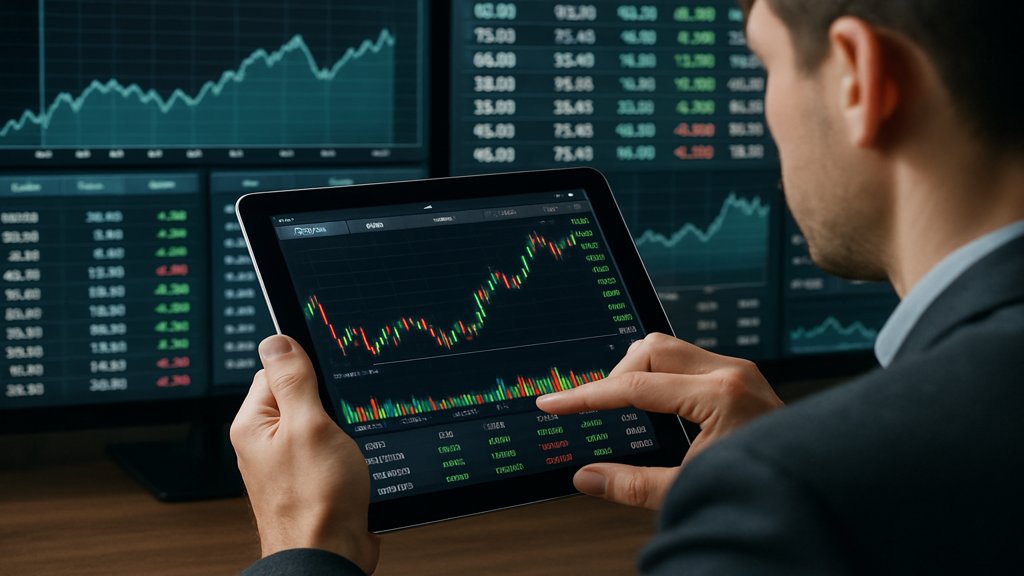 Person analysiert Aktienkurse auf einem Tablet.