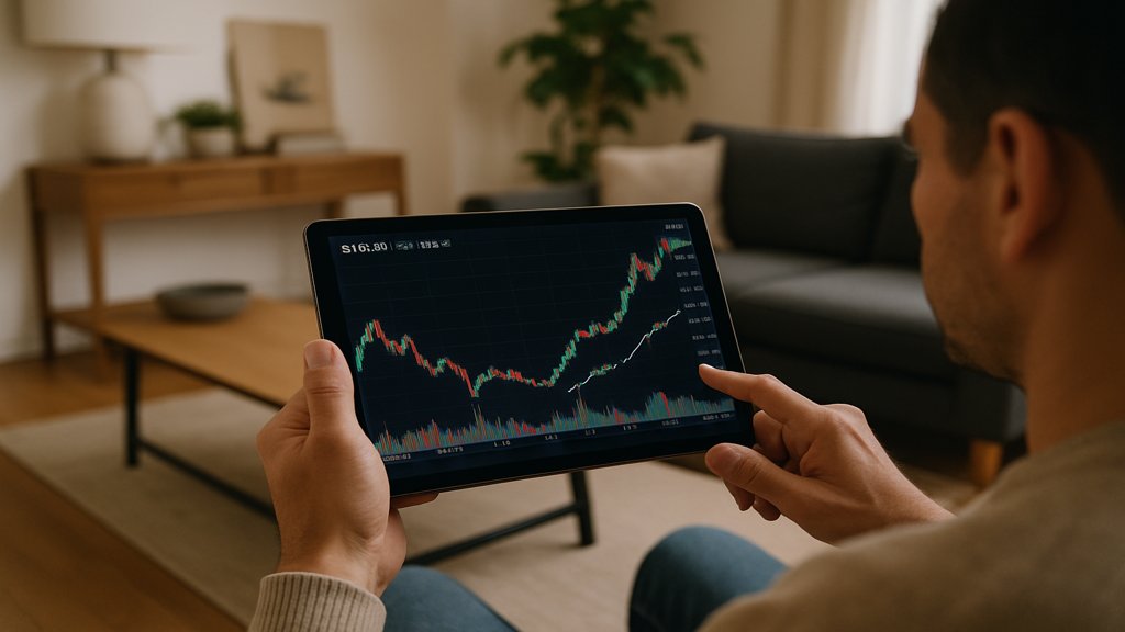 Person analysiert Bitcoin-Chart auf einem Tablet.