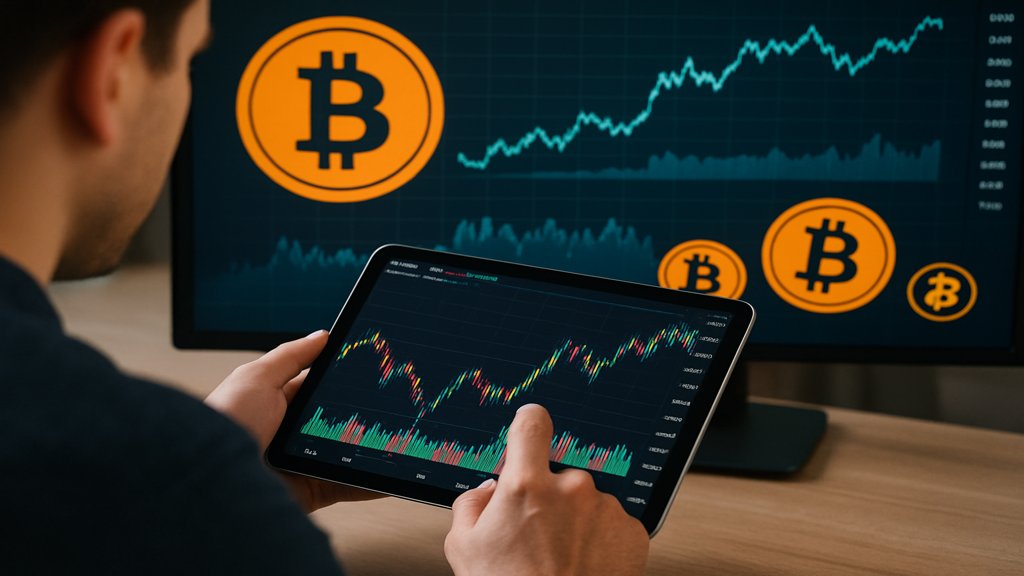 Person analysiert Bitcoin-Kurse auf einem Tablet.