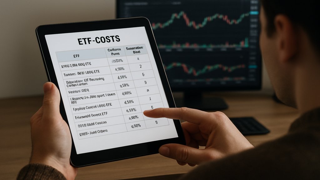 Person analysiert ETF-Kosten auf einem Tablet mit Finanzdiagrammen im Hintergrund.