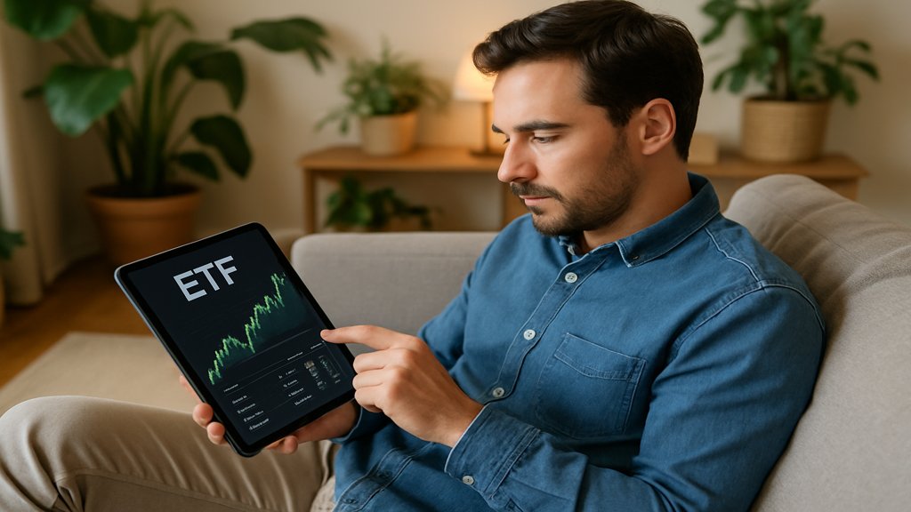 Person analysiert ETFs auf einem Tablet in entspannter Atmosphäre.