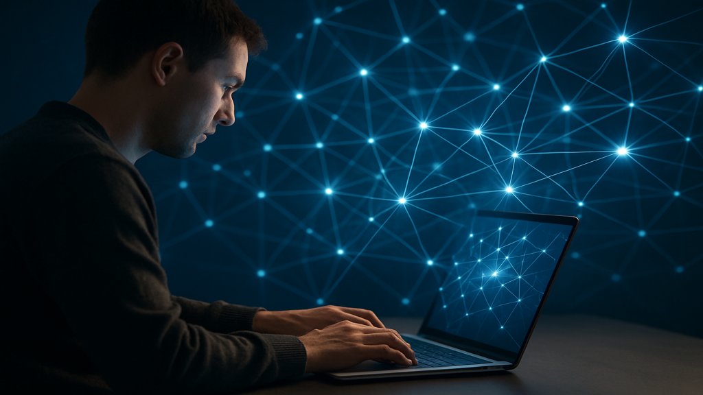 Person arbeitet am Laptop mit digitalem Netzwerk im Hintergrund.