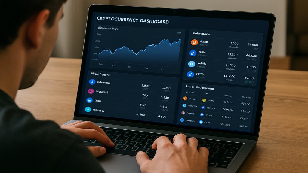 Person arbeitet an einem Laptop mit Kryptowährungs-Dashboard.