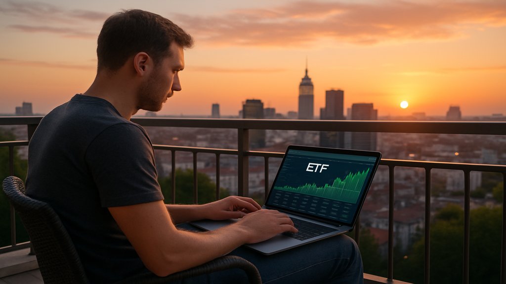 Person auf einem Balkon, die ETF-Daten auf einem Laptop überprüft.