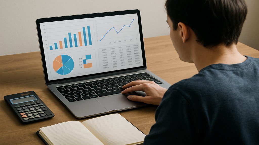Person berechnet Dividendenrendite am Laptop mit Taschenrechner und Notizbuch.