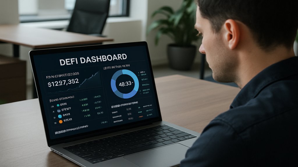 Person, die ein DeFi-Dashboard auf einem Laptop betrachtet.