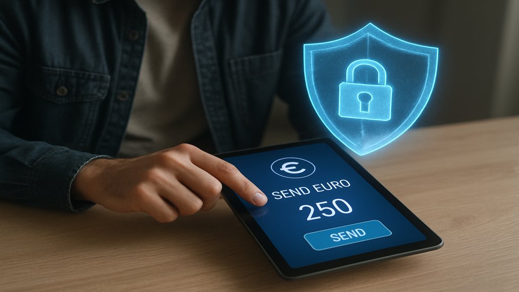 Person führt digitale Euro-Transaktion auf Tablet durch, mit holografischem Datenschutz-Symbol.
