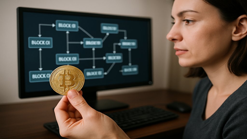 Person hält Bitcoin-Münze vor einem Computer mit Blockchain-Diagramm.