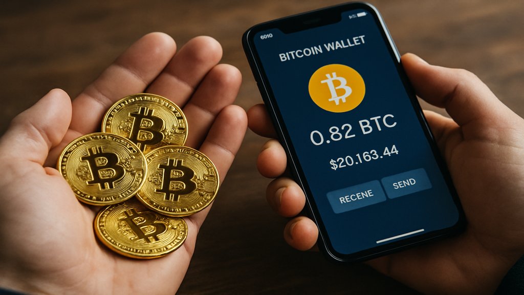 Person hält Bitcoin-Münzen und überprüft digitale Wallet.