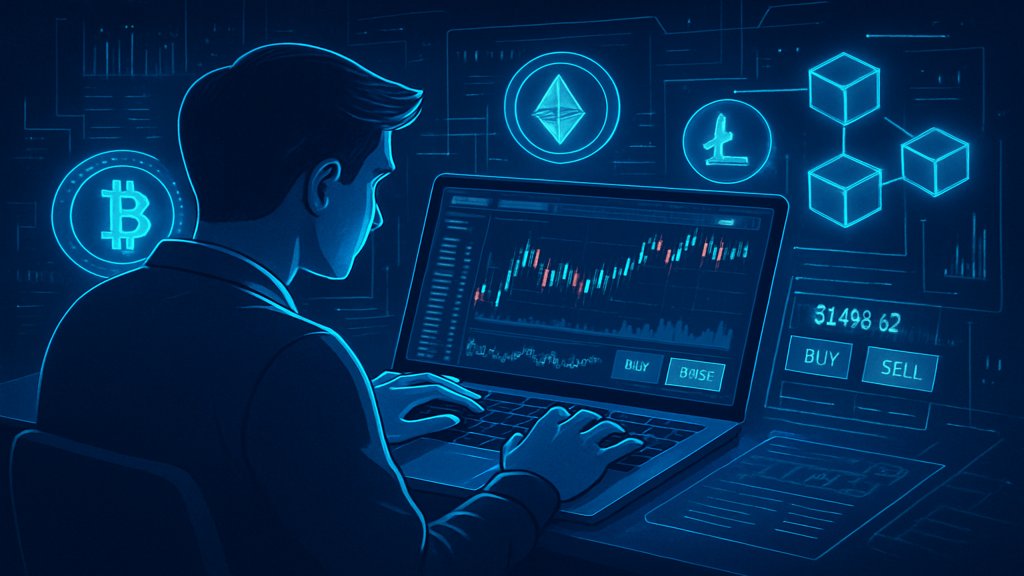 Person handelt Kryptowährungen auf einer Blockchain-Plattform.