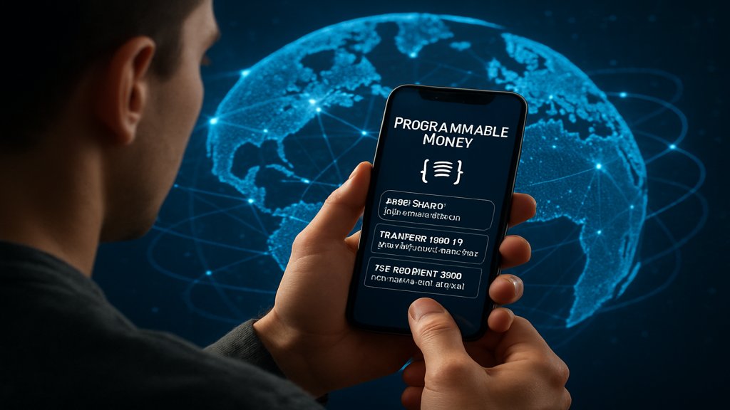 Person mit Smartphone, das programmierbares Geld zeigt.