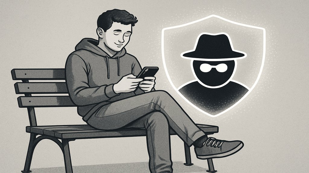 Person mit Smartphone, geschützt durch ein digitales Schild für Anonymität.