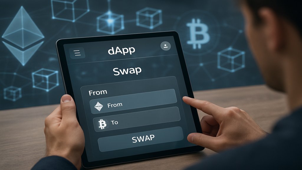 Person nutzt eine dApp auf einem Tablet mit Blockchain-Interface.