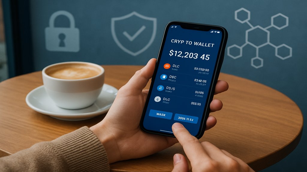 Person nutzt eine Krypto-Wallet-App auf einem Smartphone in einem Café.