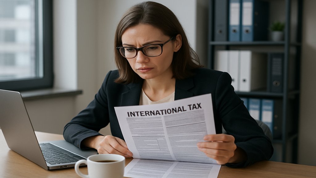 Person prüft internationale Steuerdokumente am Laptop.