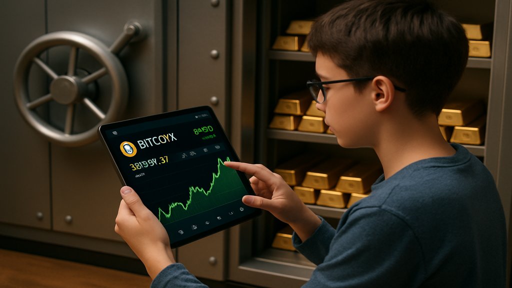 Person überprüft Bitcoin-Preise auf einem Tablet mit Goldbarren im Hintergrund.