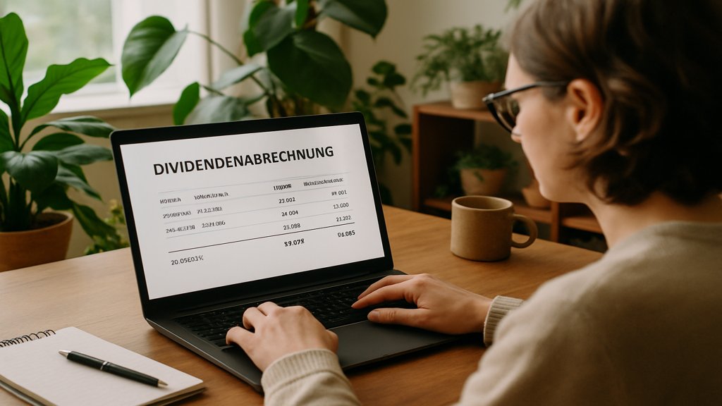Person überprüft Dividendenabrechnung auf einem Laptop.