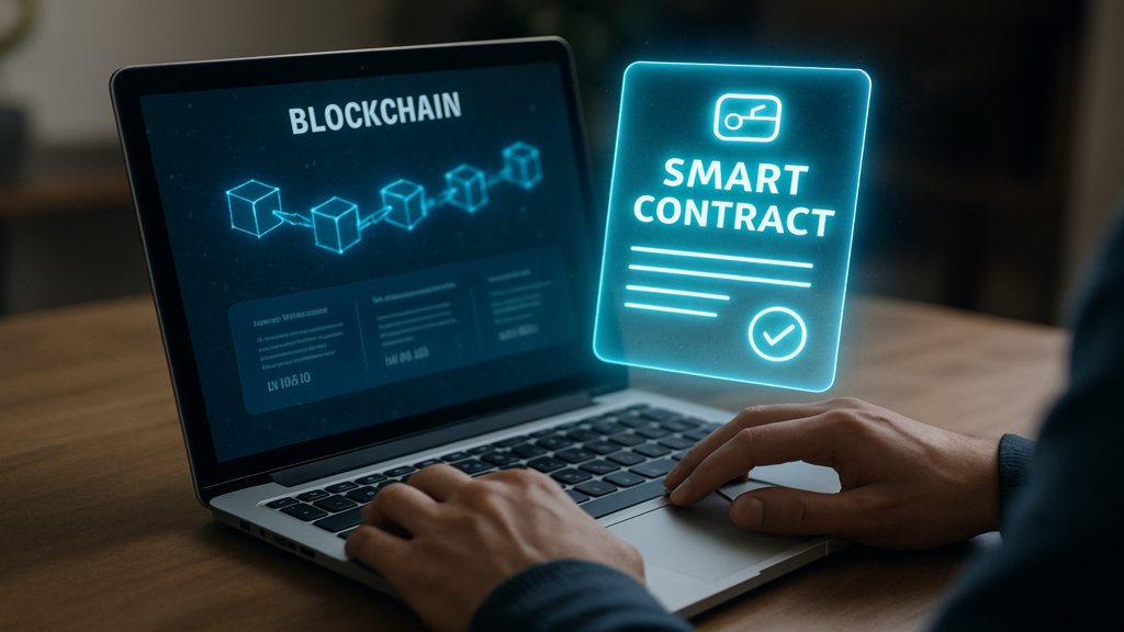 Person überprüft einen digitalen Smart Contract auf einem Laptop.