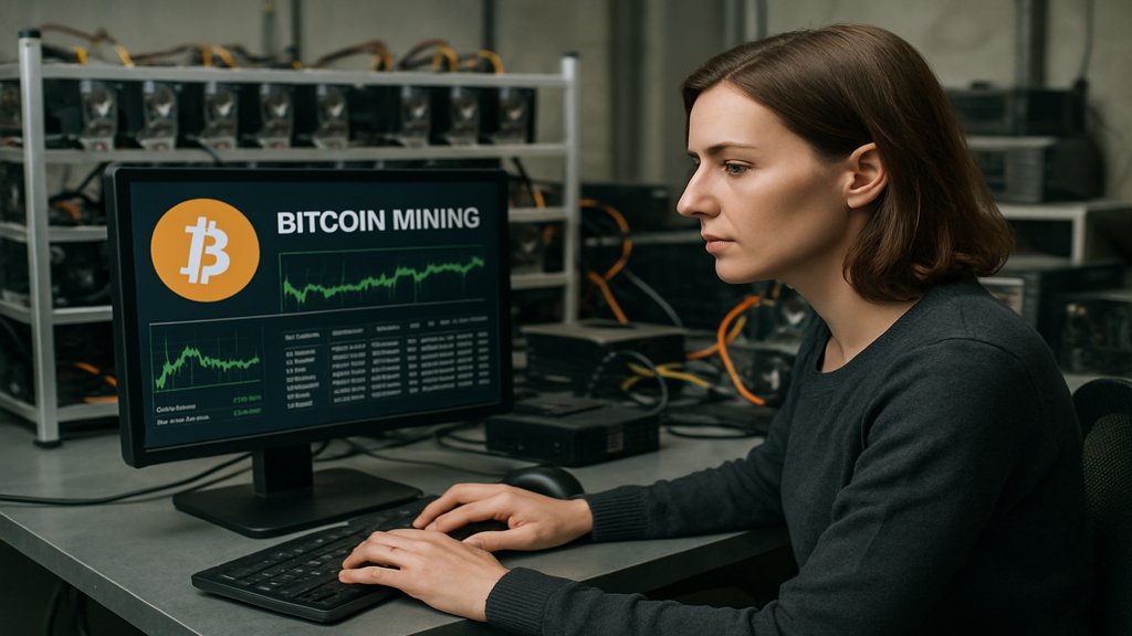 Person überwacht Bitcoin-Mining-Prozesse an einem Computer.