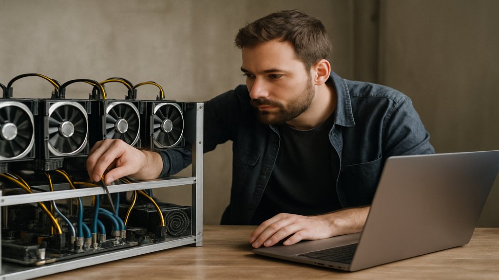 Person wartet und optimiert ein Mining-Rig mit einem Laptop.