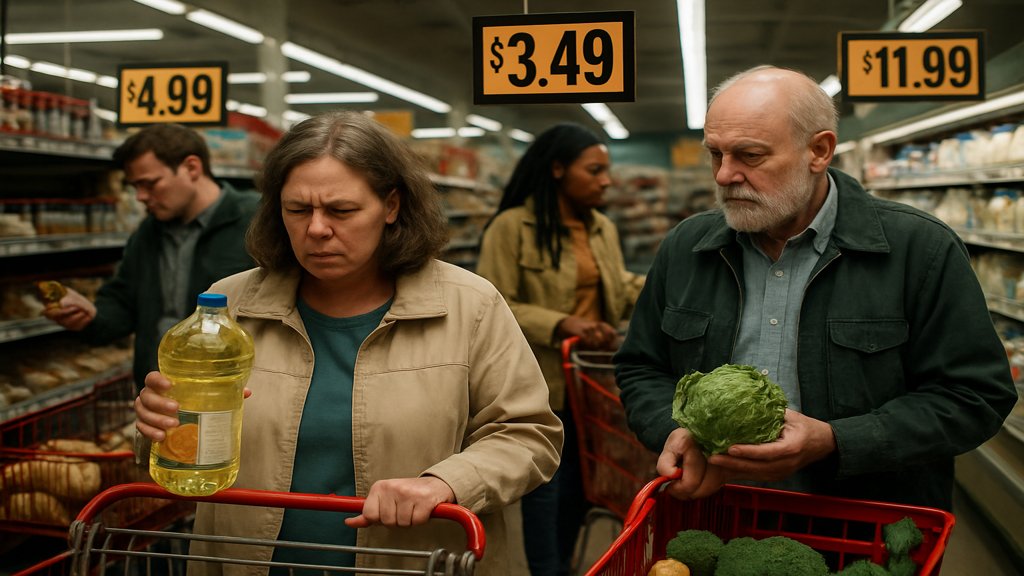 Supermarkt mit steigenden Preisen und Menschen, die einkaufen.